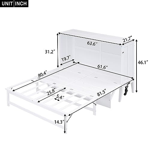 White Queen Size Murphy Bed with Bookcase C25011