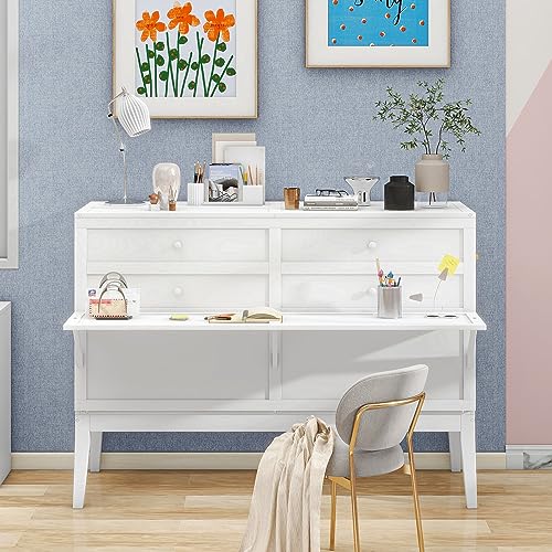 White Queen Size Murphy Bed with Bookcase C25011