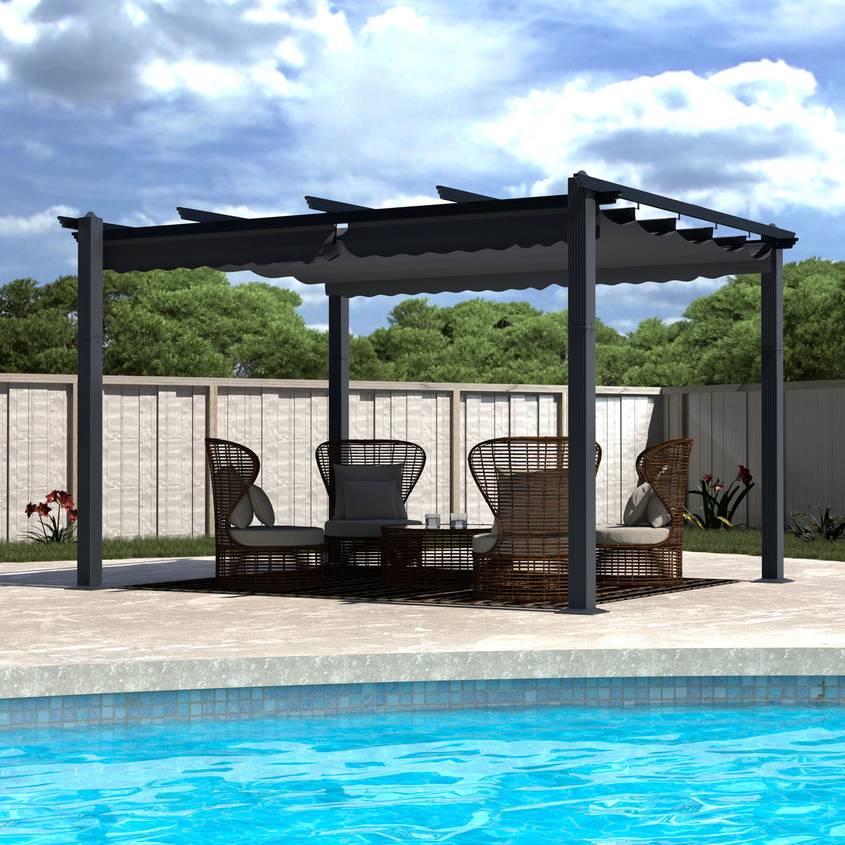 10' x 10' Gray Metal Pergola with Retractable Canopy O5909