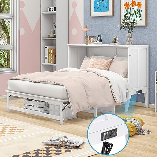 White Queen Size Murphy Bed with Bookcase C25011