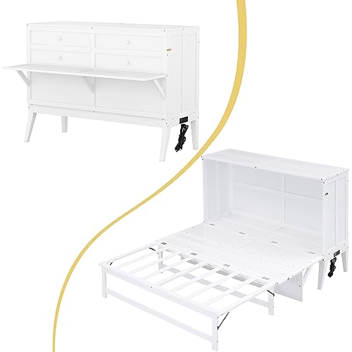 White Queen Size Murphy Bed with Bookcase C25011