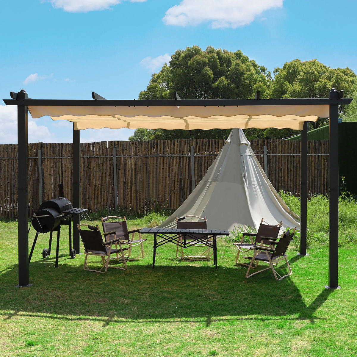 10' x 10' Gray Metal Pergola with Retractable Canopy O5909